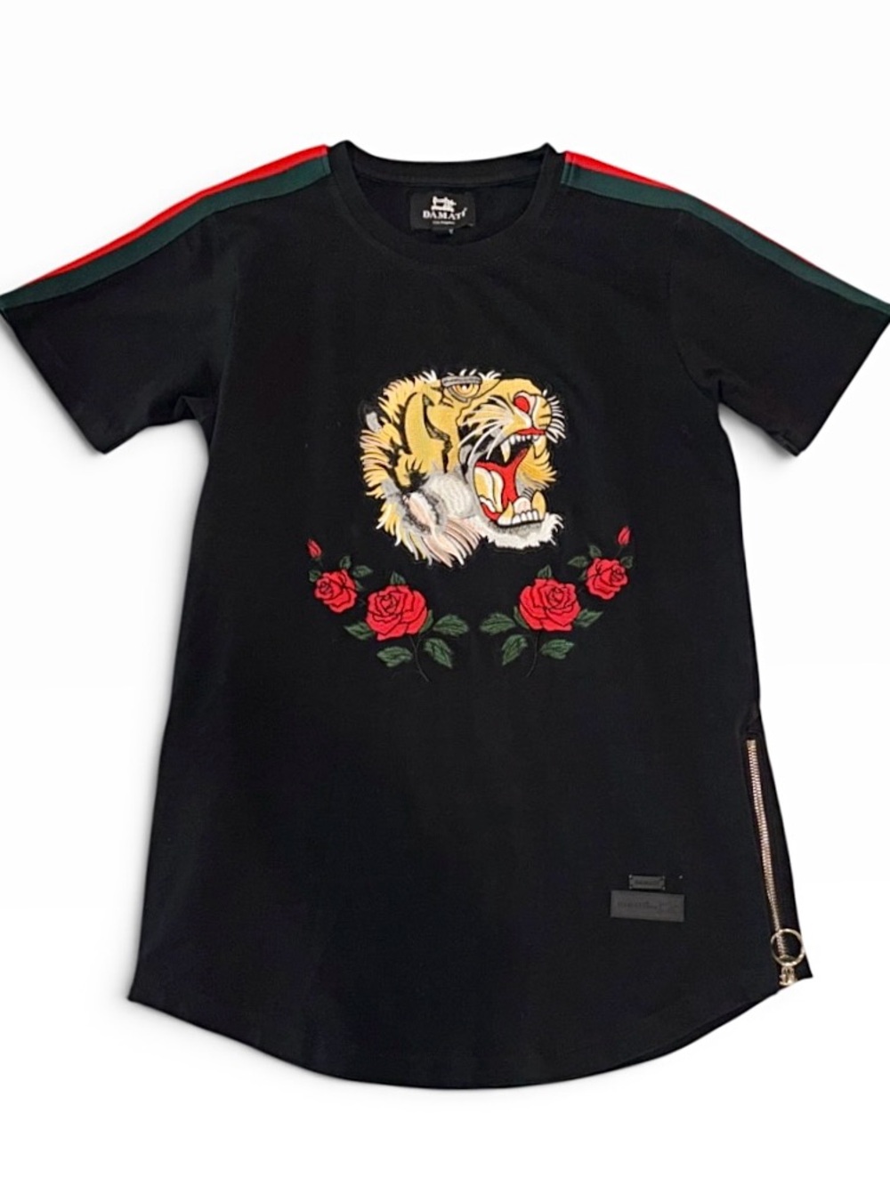 DAMATI Los Angeles Tiger & Roses Graphic Tee Side Zip Streetwear Shirt Mens Sz S